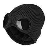 HTTDSLF Winddicht Winter Warme Strickmütze,Unisex Goggle Beanie, Slouchy Thick Skull Cap für Männer Frauen Erwachsene Outdoor Sport, Abnehmbarer Schutzbrille