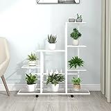 Mokuyary Blumenständer auf Rollen 94,5x25x92,5 cm Weiß Metall Pflanzenständer Pflanzenregal Innen Außen Blumenregal, Dekoratives Blumentreppe für Garten, Balkon, Wohnzimmer, Schlafzimmer