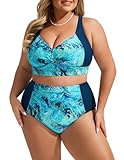 Hanna Nikole Damen Große Größe Bauchweg Badeanzug Hohe Taille Swimsuit Crossback Bademode Blaugrüne Cashewblüte 46