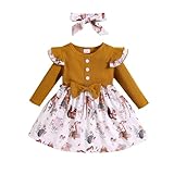 KONFEN Baby Kleidung Mädchen Kleid - Rüschen Langarm Kleider mit Schleife + Stirnband 2tlg, Gerippte Kleid Babykleidung Set Bekleidungssets Frühling Herbst Winter für 2-3 Jahre (Tier Muster)