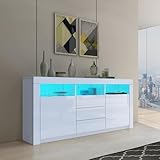 Genforiek 160cm Sideboard Wohnzimmer Anrichte Schrank Hochglanz Highboard mit 2 Türen 3 Schubladen und LED Beleuchtung TV Lowboard für Esszimmer Schlafzimmer Weiß