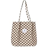 Bikasun Groß Umhängetasche Damen Cord Schultertasche Strandtasche Cord Tasche Crossbody Tasche Shopper Tote Bag Einkaufstasche Handtasche Shopper für Arbeit Einkaufen Schule Braun Schachbrettmuster