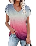 PLOKNRD Damen Tops V-Ausschnitt Blütenblatt Ärmel T-Shirt Sommer Freizeit Kurzen Ärmeln Strand Oberteile(Grau Ombre Rosa,L)