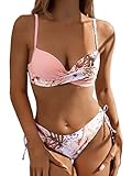 GORGLITTER Bikini Damen Push Up Bikini Mit Bügel Set Badeanzug Mit Tropenmuster Wickel Bikini Set Zweiteiler Badeanzug Bademode Rosa M