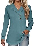 Tisfeer Sweatshirt Damen Pullover V-Ausschnitt Langarmshirt Elegant Business Lässig Tunika Tops Locker Herbst Winter Einfarbig Oberteile 2025(Blau Grün,M)