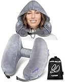 lunap Nackenkissen Flugzeug aufblasbar GRÖßE L Nackenkissen Aufblasbar mit Kapuze | Nackenhörnchen Erwachsene Grau | Reisekissen Aufblasbar | Neck Pillow | Reisekissen Flugzeug Kissen Flugzeug
