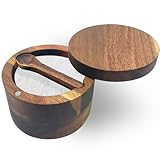 Gewürzbox aus Akazienholz, mit eingebautem Löffel und magnetischem drehbarem Deckel, eleganter Küchen-Salzbehälter, Halter zur Aufbewahrung von Pfeffer, Gewürzen, Salz oder Ihren Lieblingsgewürzen