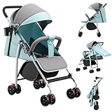 OHMG Kinderwagen mit kompaktem Gehstock, 0 – 36 kg, Reisekinderwagen mit Wattepads und Moskitonetz, Einkaufskorb mit ausziehbarer Funktion, ausziehbares Verdeck (Chellblau)