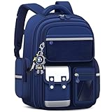 Amythe Schulranzen Jungen, Kinderrucksack Große mit Süßem Anhänger, Schultasche für Jungen 2. bis 5.Klasse, Rucksack Kinder für die Schule oder Reisen mit Mehreren Fächern, Blau