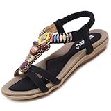 Acfoda Offene Sandalen Damen Sommer Schuhe mit Strass Flach Bohemian Sandaletten Frauen mit Weiches Fussbett Outdoor Freizeit Strandschuhe, A Schwarz, 39 EU
