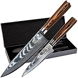 Wolfblood 2er Damastmesser-Set (32cm und 24cm) Profi Damast-Küchenmesser aus echtem 67 Lagen Damaststahl I Küchenmesser Set mit Chefmesser Kochmesser Holzgriff Geschenkbox und Klingenschutz