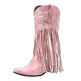 Hubstiefel für Damen: Cowboystiefel mit Fransen für Damen, spitzer Zehenbereich, Western-Stiefeletten, einfarbig, mittlere Wade, Cowboystiefel für Damen, Schlupfstiefel, weite Passform,