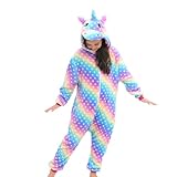 Ceruwum Einhorn Schlafoveralls für Mädchen Fleece Schlafanzug Einhorn Strampelanzug Onesie (Regenbogen mit Punkten, 5-6 Jahre)