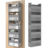 SONGMICS Hängeorganizer, Hängeregal, Tür-Organizer, Hängeaufbewahrung, Türregal Stoff, transparentes Nylonnetz, faltbar, Metallhaken, Seitentaschen, Taubengrau RDH007G01