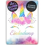 celebr8te 12x Einhorn Glitzer Regenbogen Einladungskarten - Für den Kindergeburtstag von Mädchen - Einhorn Geburtstagseinladungen inkl. Messenger Bild & Urlaubsgutschein