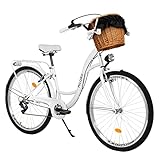 MILORD Damenfahrrad Citybike Komfort Mit Weidenkorb Hollandrad Vintage Fahrrad, 26, 28 Zoll, 7-Gang (Weiss, 28 Zoll)