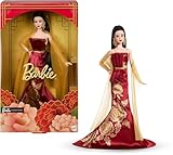 Barbie Signature Lunar New Year Modepuppe in rotem Kleid mit goldenem Pfingstrosenmuster, Spielzeug zum Sammeln, JJX83