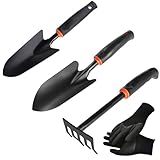 OIZENT Gartenwerkzeug-Set, 4-teiliges Garten-Handwerkzeug-Set, Edelstahl-Gartenkellen und Rechenwerkzeug-Set mit Handschuh für Gartenarbeit, Eintopfen, Blumenbeete, Gemüsebeete, Gartenbeete,