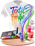 CreaTek Textilfarbe waschmaschinenfest 12 intensive Farben je 25ml + 2 Pinsel - echte Stoffmalfarben waschfest bis 40 °C - Stofffarben ideal für helle T-Shirts, Schuhe, Taschen - Fabric Paint Set