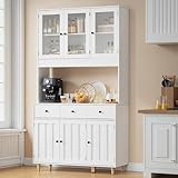 Blishom Küchenschrank mit Arbeitsplatte, Buffetschrank Weiß, Sideboard mit Steckdosen, LED und 3 Schubladen, Mehrzweckschrank mit 6 Türen für Küche Wohnzimmer, Esszimmer