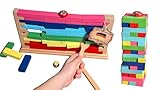 Stapelturm & Wackelmauer aus Holz für Kinder ab 3 Jahren, Geschicklichkeitsspiel für die ganze Familie,, 48 Bauklötze, 1 Würfel, 1 Holzrahmen, 2 Schiebestöcke