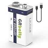 GRbatty Wiederaufladbare USB 9V Akku Lithium, 650mAh High Capacity 9 Volt Block Lithium Akku für Rauchmelder, elektronisches Spielzeug, 1,5 Stunden Schnellladung, mit Ladekabel USB-C (1 Stück)