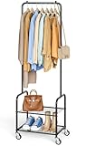 AOODA Small Clothes Rack with Shelves, Metal Sturdy Rolling Clothing Racks for Hanging Clothes, Portable Garment Rack with Wheels for Shirts, Coats, Shoes, Bags (Schwarz)