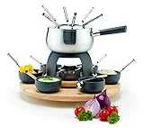 Mäser 931229 Fondue-Set 23-teilig, Edelstahl Fonduetopf inklusive Spritzschutz, Rechaud, Drehkarussell aus Holz, Fonduegabeln, Schälchen, Grau/Schwarz