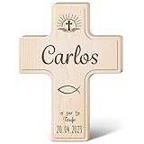 GRAVURZEILE Personalisiertes Taufkreuz - Holzkreuz für Kinder zur Taufe - Personalisiert mit Namen und Datum - personalisierte Taufgeschenke für Mädchen und Jungen - 19cm Höhe
