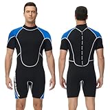 Owntop 1,5mm Shorty Neoprenanzug Damen Herren Kurz - Rücken-Reißverschluss Wetsuit zum Tauchen Surfen, Kurzarm Taucheranzüge Stretchen Neopren für Wassersport, Herren Blau XL