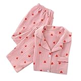 MANGGUO Revers Pyjama Set Für Damen, Pfirsich Herz Muster, Twosie Pyjama Set, Lässige Baumwolle, Langärmelig, Oberteile, Hosen, Weiche Nachtwäsche, Loungewear, Frühling, Herbst, Winter, Rosa, L