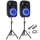 VONYX VPS102A, Partyboxen mit Stativen max. 600W, Bluetooth, LED, Mikrofon, PA Lautsprecher Set mit Ständer, 10 Zoll Aktivboxen, USB, SD, MP3, PA Anlage Komplettset, DJ Boxen, Stativ Lautsprecherset