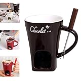 Schokofondue Tasse,Becher zum Schmelzen von Schokolade,Keramik Schokoladenfondue Tasse,Mehrzweck Chocolate Fondue Set mit Gabel und Teelicht,geeignet für Käse,Schokolade,Butter und Karamell (Schwarz)