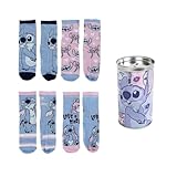 Kinder Socken Stitch und Angel Disney 4 Paar Socken aus Baumwollmischung mit Sparschwein, mehrfarbig, 35-38 cm