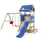 Wickey Spielturm DinkyHouse mit Picknicktisch - Blaue Rutsche & Plane - Kinder Kletterturm für den Garten aus Massivholz - 334x317x247 cm