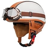 Rollerhelm S-XXL Mit Brille DOT/ECE Zertifiziert, Vintage Motorradhelm Open Face Leder-Helm, Jethelm FüR Damen Und Herren, Herausnehmbarem Innenfutter Schnellverschluss C2,M