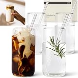 KIVY Trinkgläser Set mit Glas Strohhalm [4x 450ml] Für Eiskaffee, Wasser & Cocktails - Longdrinkgläser Set - Eiskaffee Gläser - Kaffeegläser - Iced Coffee Glas - Matcha & Kaffee Gläser