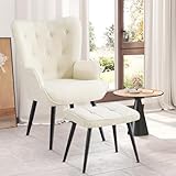 Ckaff Sessel mit Hocker, Ohrensessel mit Hocker aus Boucé, Sessel Wohnzimmer Relaxsessel mit Fußstütze Loungesessel Polstersessel fürs Wohnzimmer Schlafzimmer Arbeitszimmer, Weiß