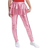 Agoky Kinder Mädchen Metallic Hose Glänzend Langer Hosenrock Slim Fit Stretch Leggings Tights mit Rüschen Auftritte Tanz Wettbewerbe Outfits Rosa 122-128