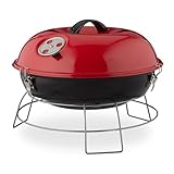 Relaxdays Kugelgrill, tragbar, mit Deckel, leckeres BBQ, Picknickgrill mit großer Grillfläche, Holzkohle, Ø36cm, rot, 27 x 36 x 36 cm