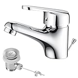 Auralum Wasserhahn Bad mit Zugstange, Einhebel-Waschtischarmatur mit Ablaufgarnitur, Chrom Einhandmischer Waschbecken Armatur Badarmatur Mischbatterie Waschtischmischer für Badezimmer