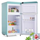 Merax Retro-Kühlschrank mit Gefrierfach, 72L Kühlschrank mit 21 Liter Gefriervolumen, Kühlschrank klein mit Gemüsefach, 120 kWh/Jahr, LED-Licht, Cyan