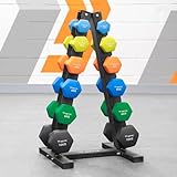 METIS Hantelbaum [3 Größen] – Hantelständer mit 3, 6 oder 11 Stufe | Nur Rack oder mit optionalen Kurzhanteln aus Neopren oder Chrom (6 Stufe, Rack + Neopren Kurzhanteln Set (6X Paare))…