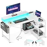 Coleshome Gaming Tisch L Form mit LED&Steckdosen, 120x80cm Eckschreibtisch Weiß mit Regal Reversibler Schreibtisch L Form mit Monitorständer Ecktisch für Büro Arbeitszimmer