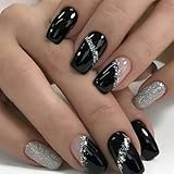 Nymora 24 Stück Schwarze Glitzer Square Press On Nägel - Strass Künstliche Nägel Fingernägel - Fake Nägel zum Aufkleben Frauen Mädchen - Aufklebbare Kunstnägel