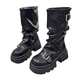 Bailey Xingqi Damen Stiefeletten mit Rundspitze Slouchy Fold Over Motorcycle Boots Plateauabsatz Für Weite Waden Herbst Winter Schwarz Größe 40