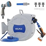 VELPAX Wand-Schlauchbox 30m,8 Arten der Bewässerung,flexible Bewässerung für mittelgroße Gärten,mit Wandhalterung,Systemteilen und 2 Spritze inkl Weiß