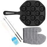 BESTYASH Takoyaki Pfanne Gusseisen 12 Loch mit Grillgabeln und Öl Pinsel Langlebiges Fisch Backblech für Gas und Induktionsherde Vielseitiges Kochgeschirr für Zuhause Grill Zufällige Farbe