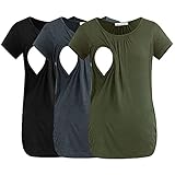 Smallshow Damen Stillshirt Kurzarm Stillen Tshirt Umstandsmode Top 3er Pack,Army Green-Black-Deep Grey,M