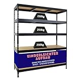 PROREGAL Schwerlastregal Rivet HxBxT 180x150x60cm Fachlast 250kg, Innovatives Stecksystem, Schwarz, Garagenregal, Lagerregal, Steckregal, Stahl, Kellerregal